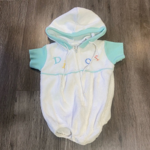 Collectible Vintage Baby Dior Hooded Terry Cloth Romper White Aqua Trim USA made - Picture 3 of 8